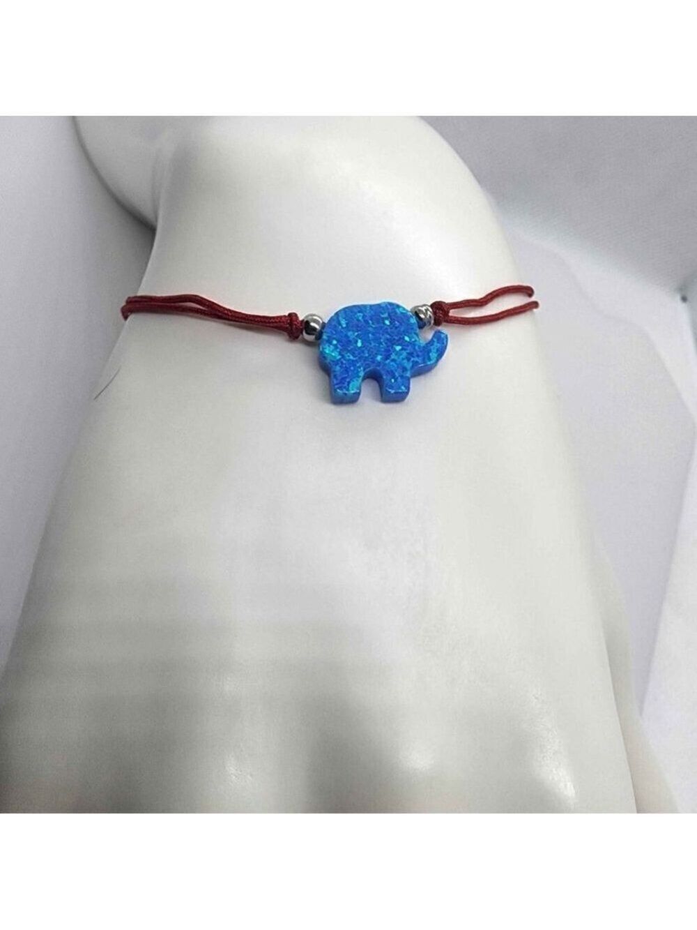 Elephant of Luck: Blue Opal Charm Bracelet with Red String